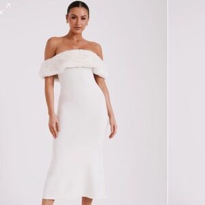 Meshki - Strapless Ivory Dress with Fur - XS